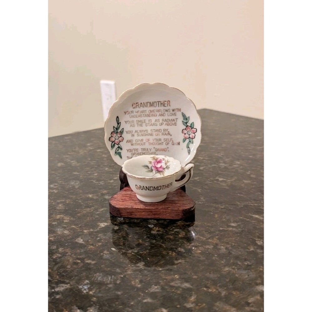 Vintage Miniature Cup & Saucer Set, Grandmother Gift With Display Stand